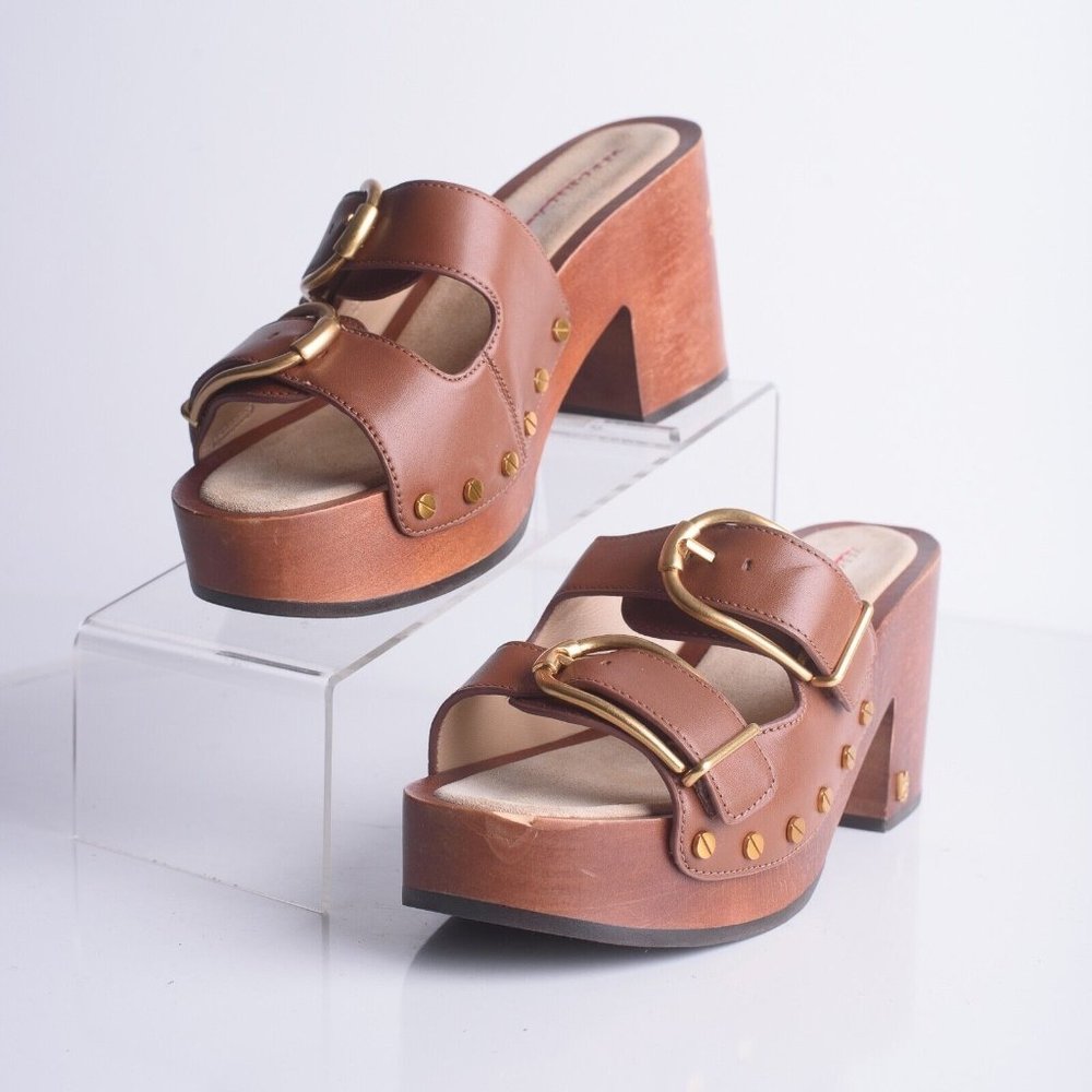 Veronica Beard Halifax Brown Leather Strappy Buckle Platform Mule Heels US 8
